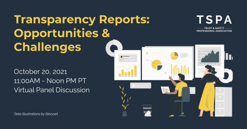 Graphic for a TSPA event, entitled "Transparency Reports: Opportunities & Challenges." Yellow + white text on a dark blue background.