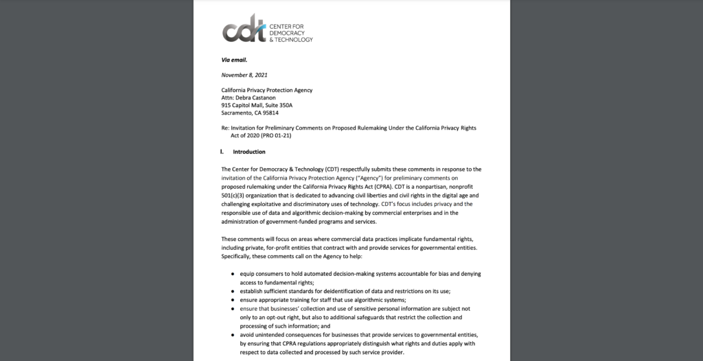 CDT submitted comments to the California Privacy Protection Agency on the Preliminary CPRA Rulemaking. White document on a dark grey background.