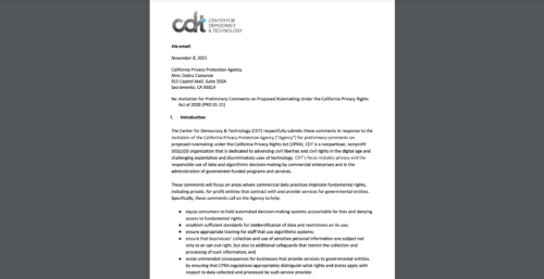 CDT submitted comments to the California Privacy Protection Agency on the Preliminary CPRA Rulemaking. White document on a dark grey background.