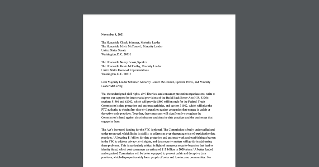 CDT joins a coalition letter, led by EPIC, that urges Congress to strengthen the FTC’s power to halt data abuse. White document on a dark grey background.