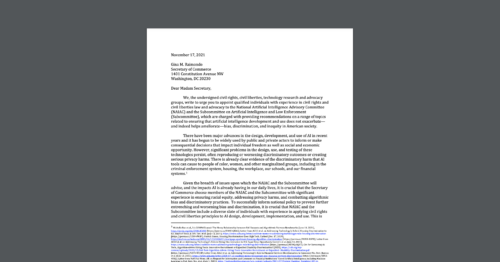 CDT joined a sign-on letter with the AJL, ACLU, Color of Change, & others organizations in urging the Secretary of Commerce to fill artificial intelligence advisory committees with experienced civil rights and civil liberties advocates. White document on a dark grey background.