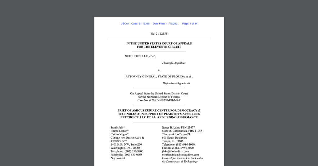 CDT filed an amicus brief urging the 11th Circuit to affirm a preliminary injunction enjoining enforcement of Florida's social media law, S.B. 7072. White document on dark grey background.