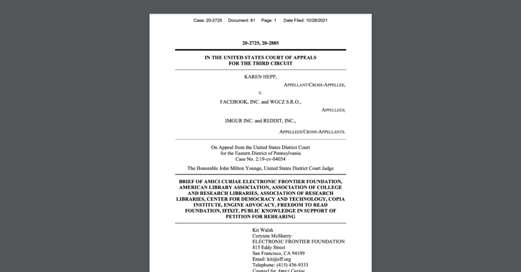 CDT Joins EFF, Library associations, and the startup community in a Third Circuit amicus brief on Section 230 exemptions. White document on dark grey background.