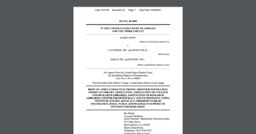 CDT Joins EFF, Library associations, and the startup community in a Third Circuit amicus brief on Section 230 exemptions. White document on dark grey background.