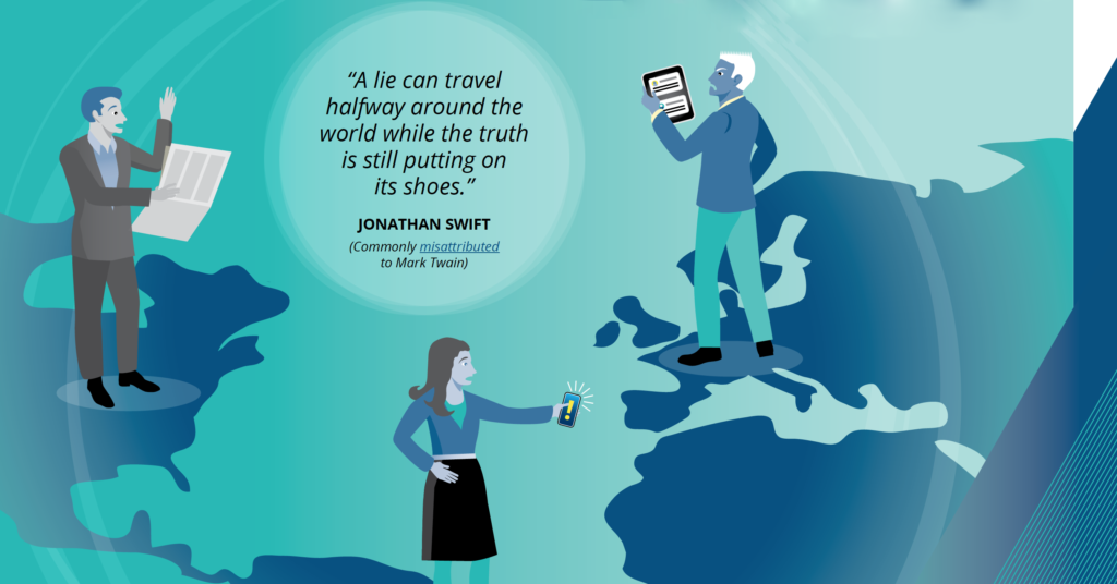 A CDT and KAS report, entitled "A Lie Can Travel: Election Disinformation in the United States, Brazil, and France." Three human figures, all getting information in different ways while standing above a map from different countries. Blue / green, dark blue, white and black colors. A Jonathan Swift quote in a circle: "A lie can travel halfway around the world while the truth is putting on its shoes." (Commonly misattributed to Mark Twain.)