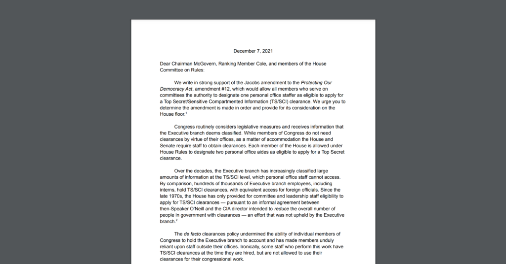 CDT joined a sign-on letter urging the U.S. House to expand TS/SCI designations to further effective oversight of intelligence activities. White document on a dark grey background.