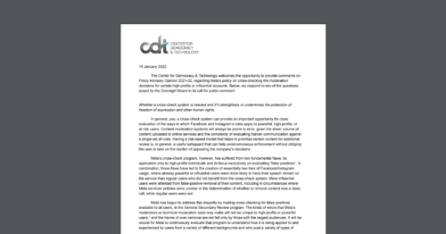 CDT submitted comments to Meta's Oversight Board on Meta’s Cross-Check Policy. White document on grey background.