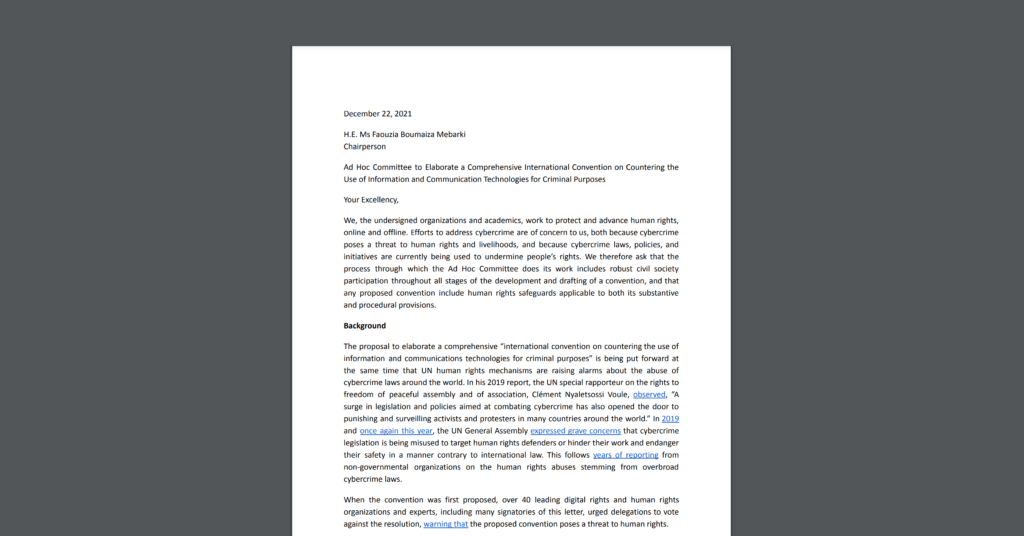 CDT Joins 120+ other organizations in urging the United Nations to include human rights safeguards in proposed UN Cybercrime Treaty. White document on a dark grey background.