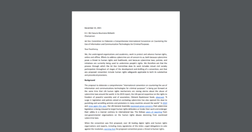 CDT Joins 120+ other organizations in urging the United Nations to include human rights safeguards in proposed UN Cybercrime Treaty. White document on a dark grey background.