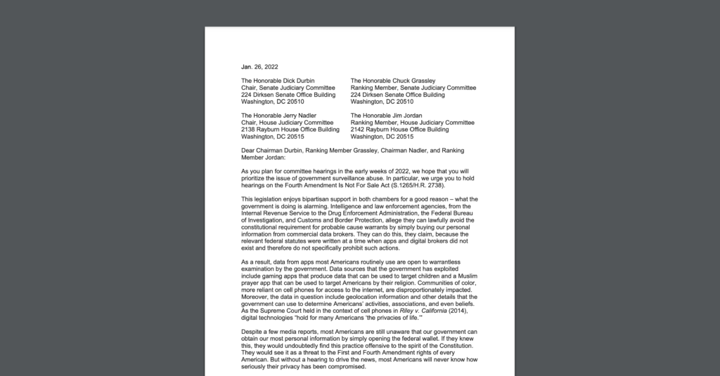 CDT joined a coalition letter, calling for Congressional hearings on The Fourth Amendment Is Not For Sale Act. White document on a dark grey background.