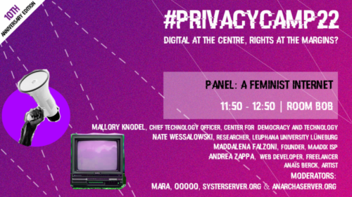 Graphic, by EDRi, for the Privacy Camp 22 event series. CDT's CTO Mallory Knodel joined a panel entitled 