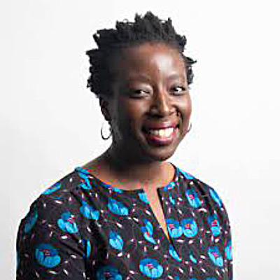 Afua Bruce. Chief Program Officer, DataKind. Wearing a black and bright blue shirt, in front of a white background.