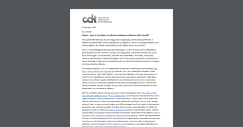 CDT submitted comments to the UN's OHCHR on internet shutdowns & human rights. White document on a dark grey background.
