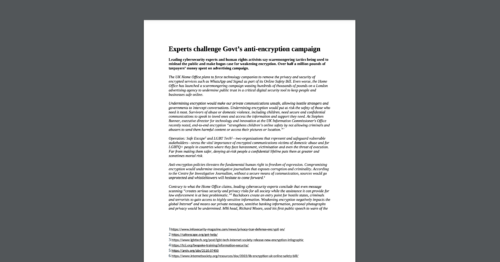 CDT Europe joins a coalition letter pushing back on the UK Home Office's anti-encryption campaign. White document, on a dark grey background.