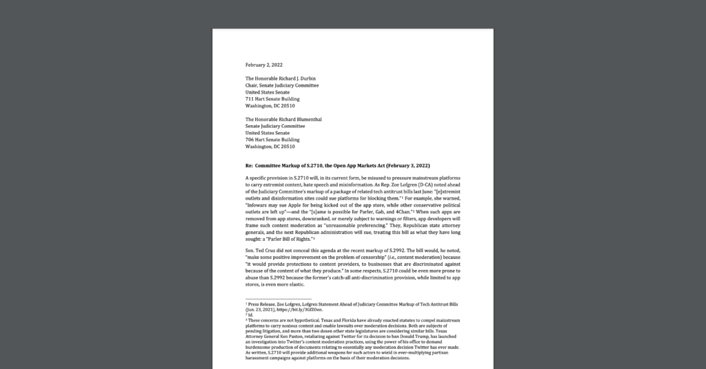 CDT joined TechFreedom & others on a coalition letter on the content moderation risks in the Open App Markets Act. White document on a dark grey background.