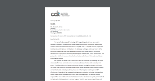 CDT submitted comments, urging the FCC to address the invasive monitoring of students online and to bolster K-12 cybersecurity. White document on a dark grey background.