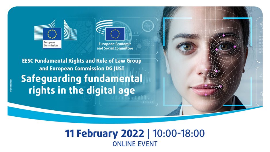 Graphic for a joint European Commission-European Economic and Social Committee (EESC) event, entitled "Safeguarding fundamental rights in the digital age." Includes EC & EESC logos on a dark green background, with a human face to the right. White text on a dark green background.
