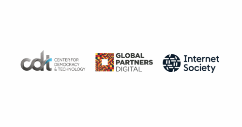 On a white background, from left to right: CDT’s logo, in grey and light blue gradients; GPD’s logo, in a yellow, red, and black mosaic; and the Internet Society’s logo, in dark blue.