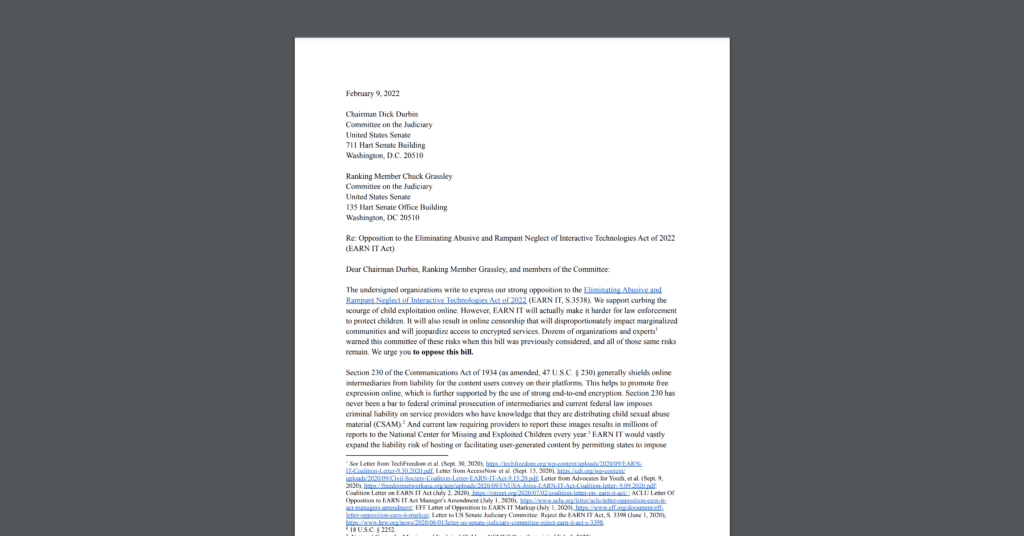 CDT led a coalition letter urging Congress to drop the Earn It Act (S.3538). White document on a dark grey background.