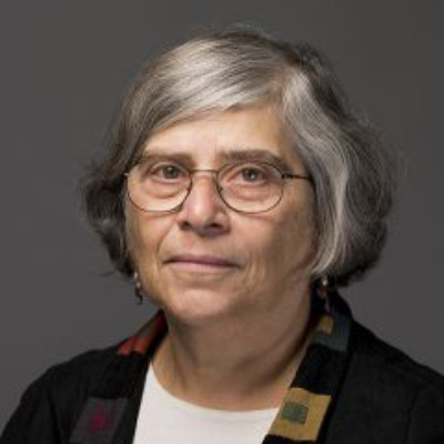 Susan Landau. Tufts University. Wearing glasses, a white shirt and a dark colored jacket, in front of a grey backdrop.