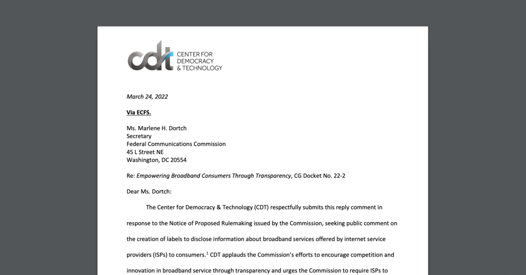CDT submitted comments to the FCC in response to a rulemaking on Broadband Service Labels. White document on a dark grey background.