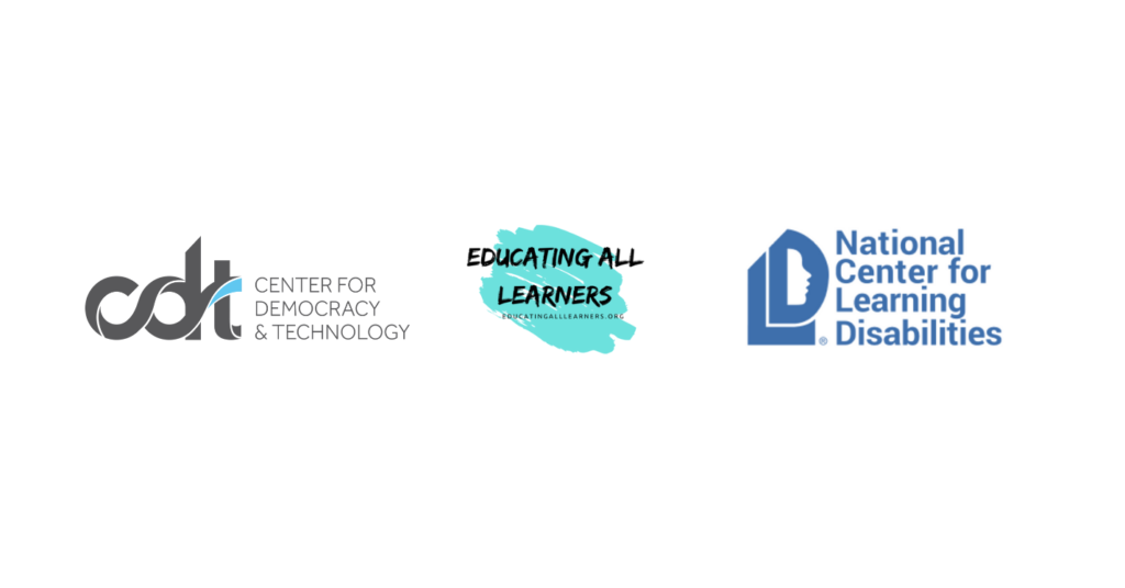 Graphic for a joint event between CDT, EALA, & NCLD, entitled "Hindrance or Help: Risks of Student Monitoring and Disproportionate Discipline." Each of their logos, respectively, from left to right, on a white background.