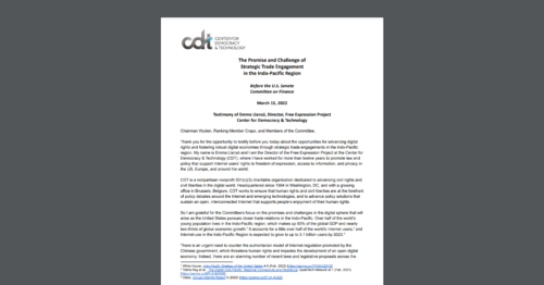 CDT's Emma Llansó testifies before the Senate Finance Committee on advancing digital rights in the Indo-Pacific region. White document on a dark grey background.
