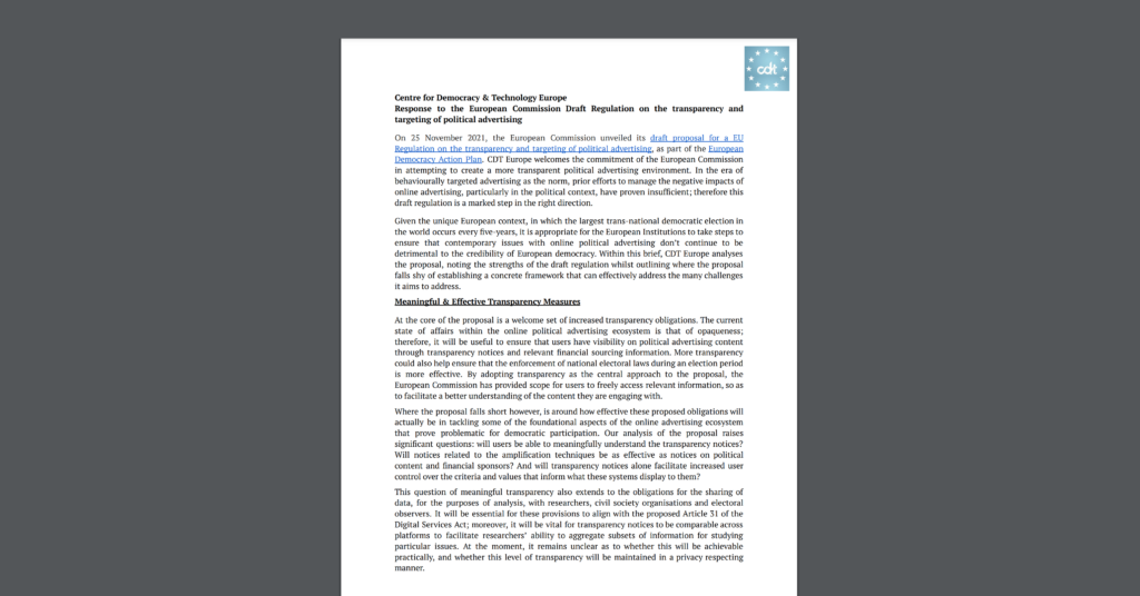 CDT Europe's response to the European Commission Draft Regulation on the Transparency and Targeting of Political Advertising. White document on a dark grey background.