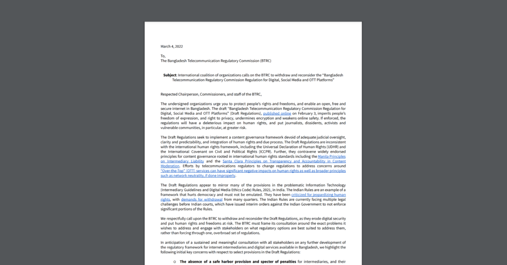 CDT joins a letter urging the Bangladesh telecomms commission to withdraw the regulation for digital, social media, and OTT platforms. White document on a dark grey background.