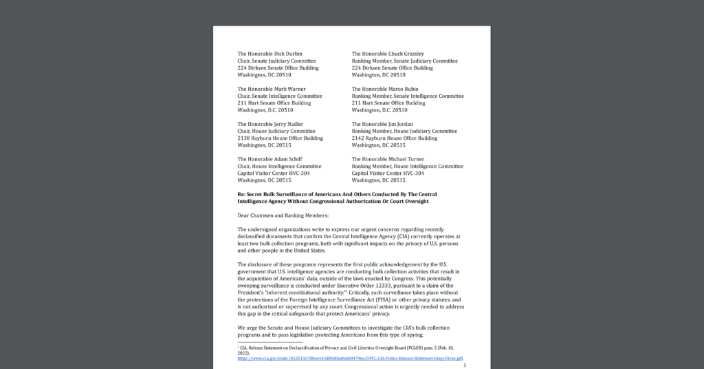 CDT joins an open letter urging Congress to investigate new revelations of the U.S. Government's secret bulk surveillance of Americans and others. White document on a dark grey background.