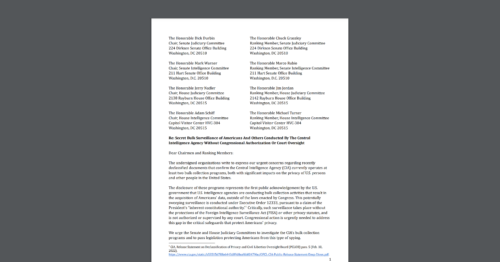 CDT joins an open letter urging Congress to investigate new revelations of the U.S. Government's secret bulk surveillance of Americans and others. White document on a dark grey background.