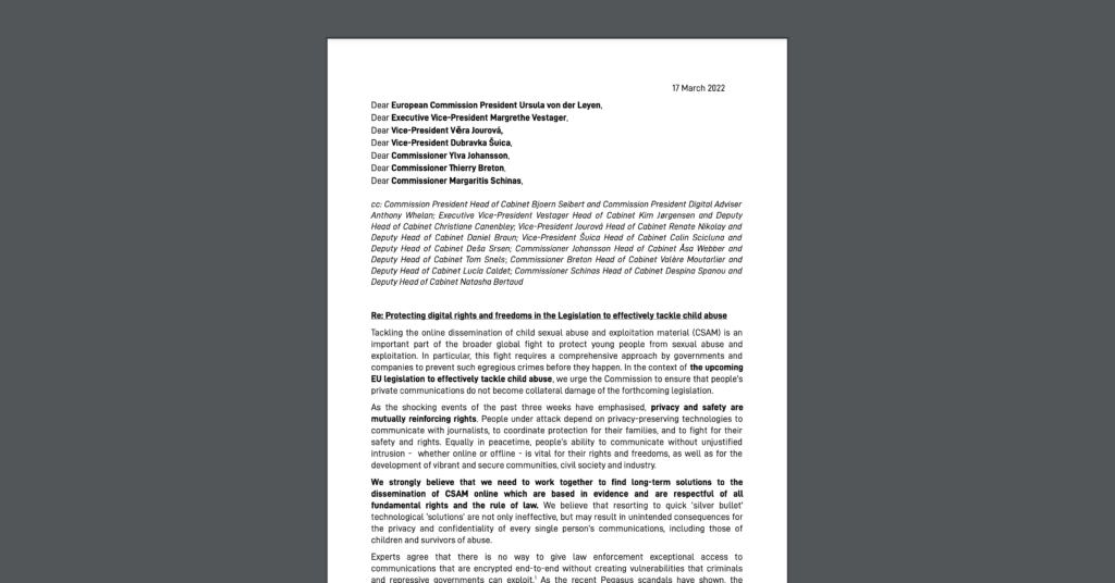 CDT joins an open letter, urging the European Commission to protect communications' privacy and security while tackling CSAM. White document on a dark grey background.