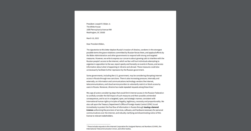 CDT joined a letter urging the White House & world governments to ensure internet access to Russian people. White document on a dark grey background.