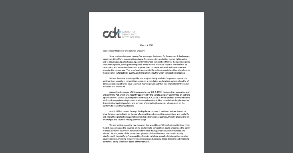 Screenshot of a CDT letter to the Senate Judiciary Committee, urging for further changes to address privacy, security, & content moderation concerns in Senate antitrust bill. White document on dark grey background.