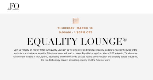 Event graphic for Female Quotient's event series, entitled Equality Lounge. Panel entitled 