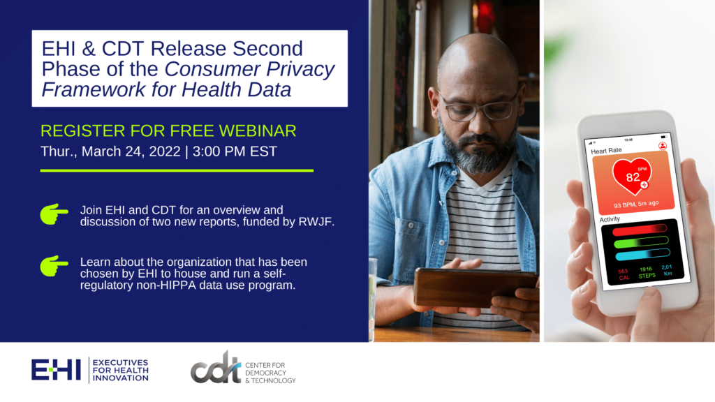 Event graphic for a joint-webinar between eHI & CDT, on March 24, 2022 at 3 PM ET. Two accompanying photos: a person wearing glasses and a striped shirt using a phone; phone being held, displaying health data including heart rate & activity monitoring.