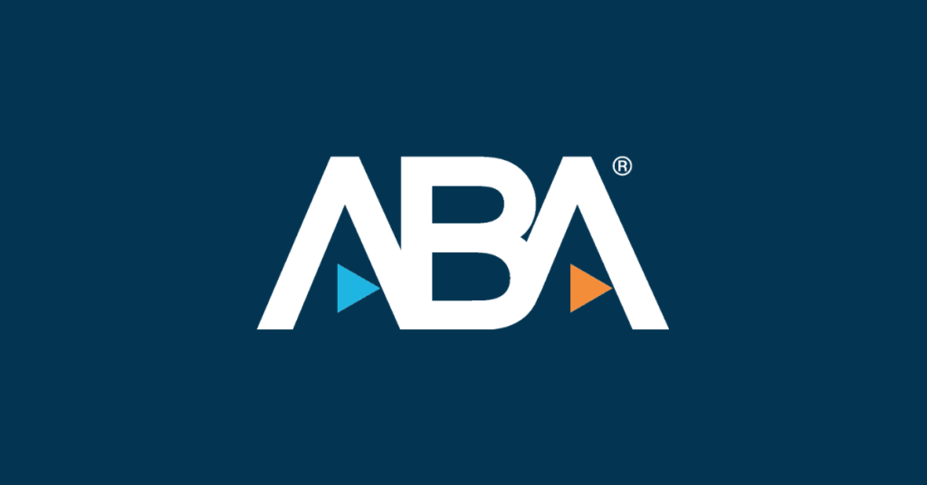 American Bar Association logo. Dark blue background, white text, and a light blue and light orange triangle completing the As.