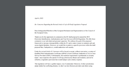 CDT's CTO Mallory Knodel signs a letter warning the European Commission about the threats to web security from the eIDAS amendment. White document on a dark gray background.