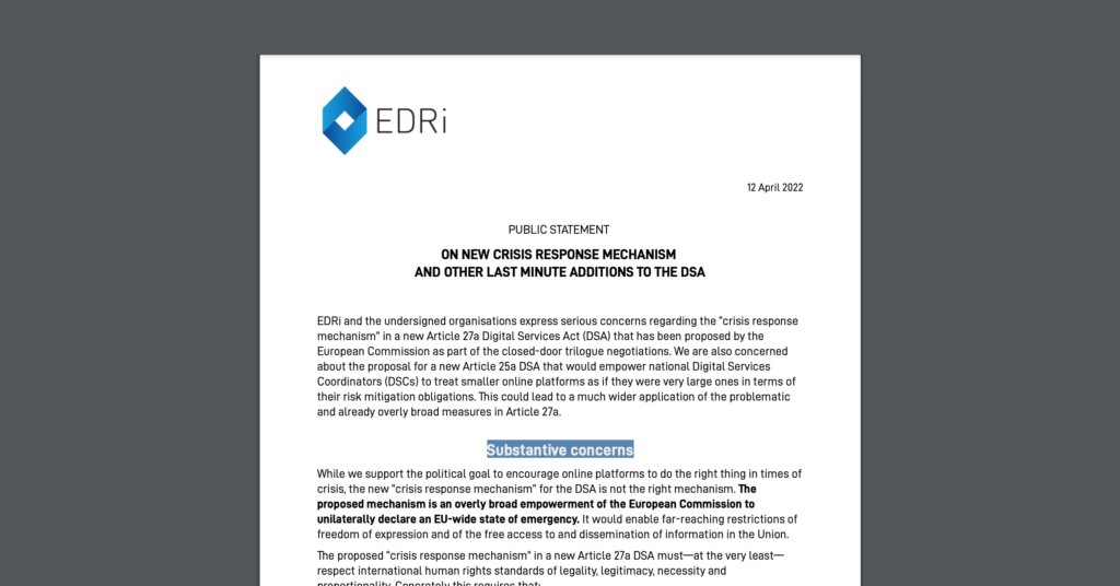 CDT Europe joins a letter urging DSA negotiators to uphold fundamental rights and build in checks and balances in response to the newly proposed "crisis response mechanism." White document on a dark grey background.
