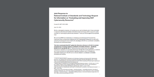 CDT Joins Comments Urging NIST to Utilize Best Practices for Coordinated Vulnerability Disclosure. White document on a dark grey background.