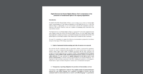 CDT Joins DSA Human Rights Alliance Urging EU Legislators Not to Compromise on Protection of Fundamental Rights. White document on a dark grey background.