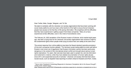 CDT joins an open letter urging social media platforms to take concrete actions on their content moderation and other policies in response to violent conflicts. White document on a dark grey background.
