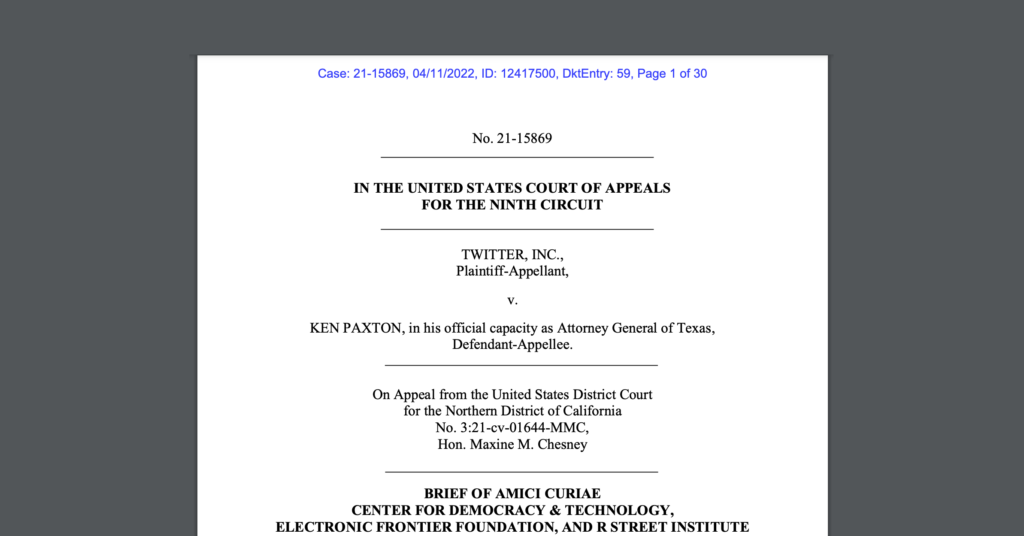 CDT leads an amicus brief in support of a rehearing in the case, Twitter v. Paxton. White document on a dark grey background.