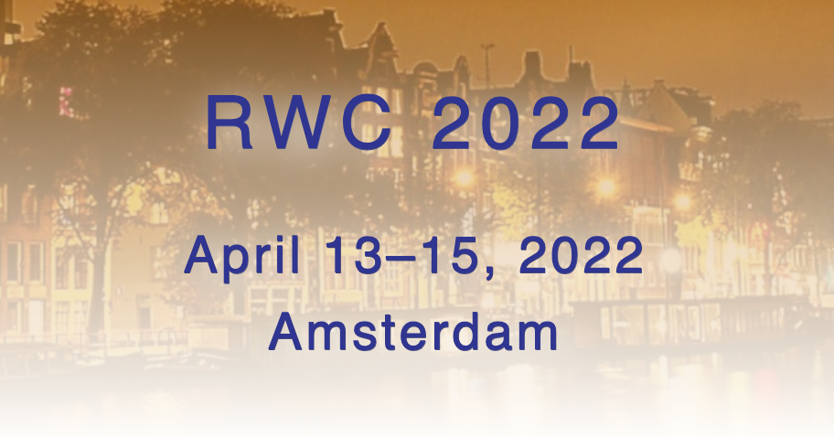 Event graphic for the Real World Crypto Symposium 2022. CDT's CTO Mallory Knodel spoke at a keynote entitled, "Encryption end-runs: Legal challenges from around the world." In dark purple text: "RWC 2022 April 13-15, 2022 Amsterdam." A orange to white gradient on top of a silhouette black-and-white image of Amsterdam.