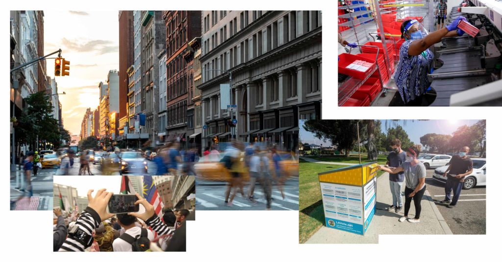 Photo collage - on the top left, a busy city intersection humming with car traffic and pedestrians. Bottom left, a protest participant holds up a phone to record or livestream a speech / demonstration. Top right, an election official works with ballots and technology. Bottom right, several people wait in line to drop their ballots at a yellow and light blue LA County ballot drop box.