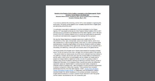 CDT CEO Alexandra Givens' remarks at the Freedom Online Coalition consultation, discussing “Digital Inclusion: Human Rights in the Digital Age.” White document on a dark grey background.