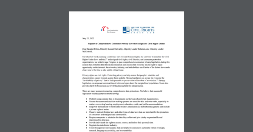 CDT joins a sign-on letter urging Congress to pass comprehensive federal privacy legislation. White document on a dark grey background.