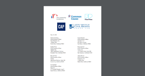 CDT joins a sign on letter urging social media platforms to fight disinformation, and protect democracy in advance of the upcoming elections. White document on a dark grey background.