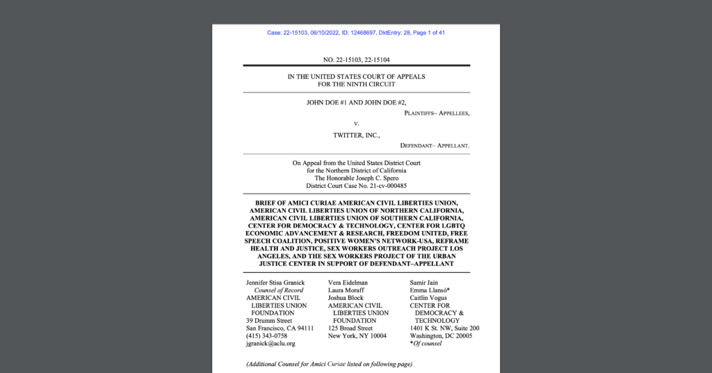 CDT & ACLU file amicus briefs in cases that will interpret FOSTA’s civil liability standard. White document on a dark grey background.