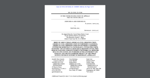 CDT & ACLU file amicus briefs in cases that will interpret FOSTA’s civil liability standard. White document on a dark grey background.